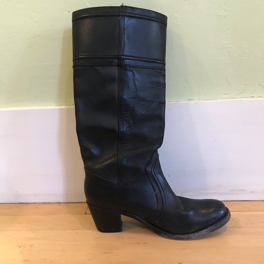 Black, knee high, heeled Frye boots